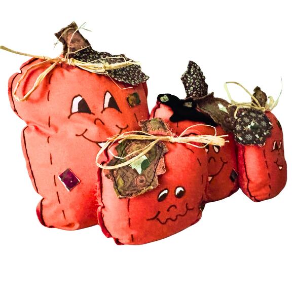 Vintage Fabric Pumpkin Décor Set of 4 – Primitive Handmade Fall Halloween - Picture 7 of 12
